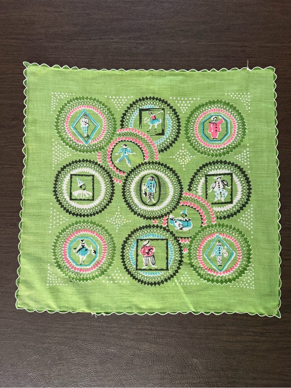 Vintage 1940’s Green Novelty Clown Print Hankie- Pink & Blue Accents